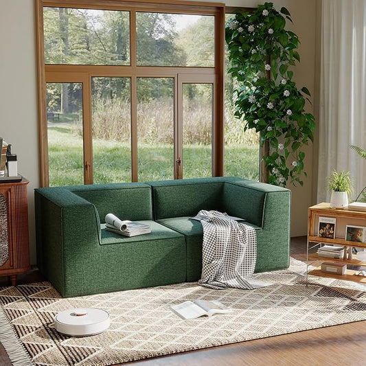 76" Sectional Compressed Sofa Modular Couches Loveseat 2 Deep Seat,High-Density Foam No Assembly Required,2-Piece(2xCorner) for Living Room Fabric Chenille Green