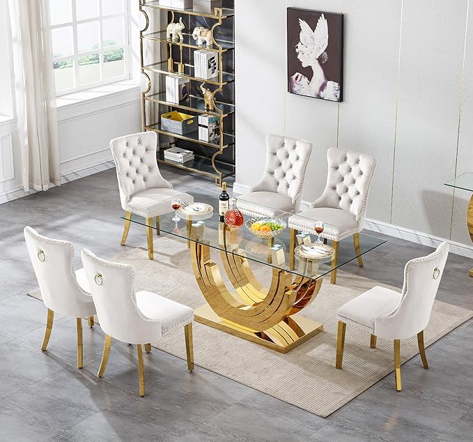 7 Piece Dining Table Set with 6 Beige Dining Chairs, Modern Glass Kitchen Table and Chairs Set for 6, 70" Rectangle Gold Glass Pedestal Dining Room Tables with Ring-Shape Stainless Steel Base