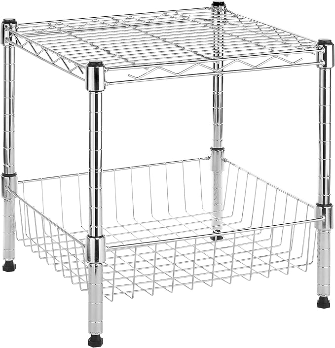 Whitmor 2 Tier Metal Storage Shelves, Heavy Duty Shelf with Basket, 350 lbs Capacity per Shelf, 700 lbs Total, Home Organizer for Kitchen, Bathroom, Bedroom, 15" L x 14" W x 15" H, Chrome
