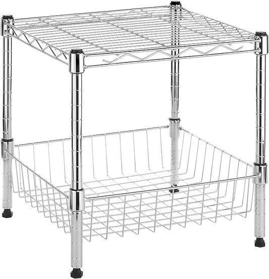 Whitmor 2 Tier Metal Storage Shelves, Heavy Duty Shelf with Basket, 350 lbs Capacity per Shelf, 700 lbs Total, Home Organizer for Kitchen, Bathroom, Bedroom, 15" L x 14" W x 15" H, Chrome
