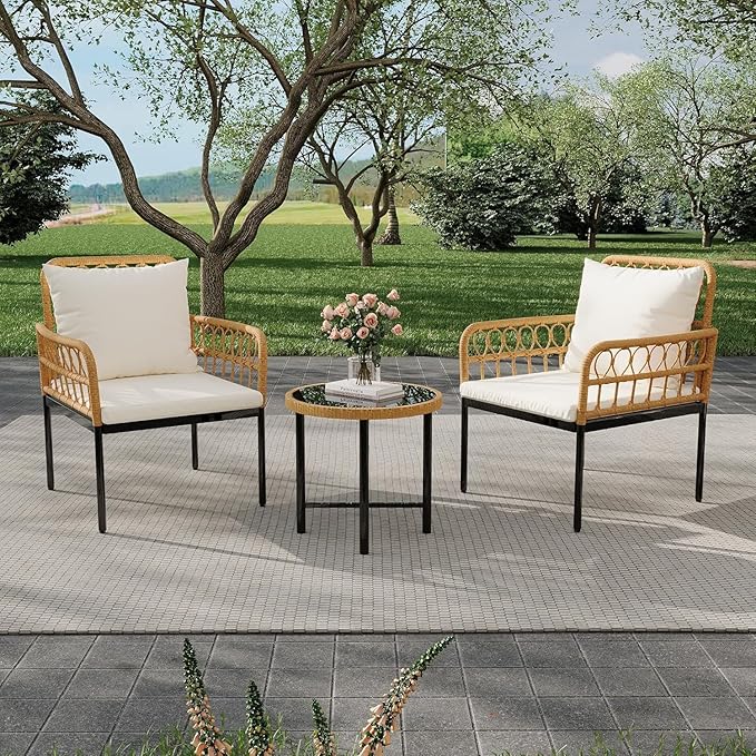 3-Piece All-Weather Wicker Rattan Bistro Patio Furniture Set with Glass Table and Thick Cushions, Beige - Ideal for Balcony, Garden, Backyard, and Poolside Conversation