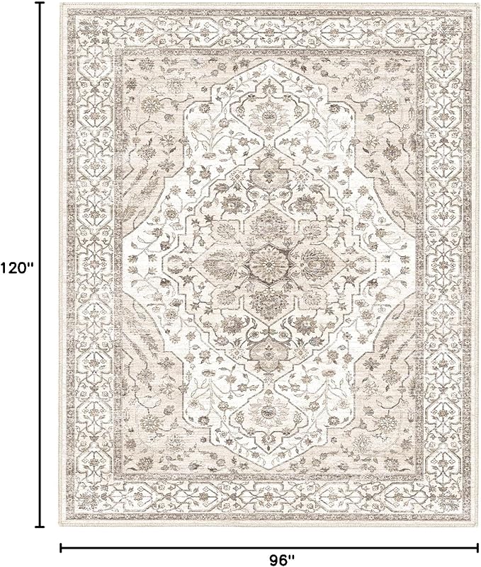 8'x10' Machine Washable Vintage Design Area Rug - Non Slip, Stain Resistant for Home, Office, Machine Washable Area Rugs 8x10,Area Rugs for Living Room (Beige Cream 8x10)…