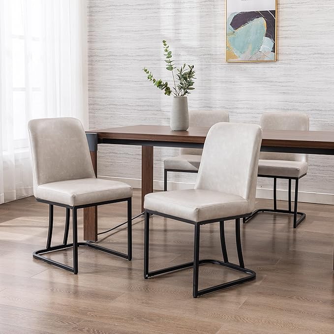 Grey PU Leather Dining Chairs Set of 6 Mid Century Modern Comfortable Dining Room Chair with Curved Backrest, Upholstered Kitchen Side Chairs with Black Metal Legs