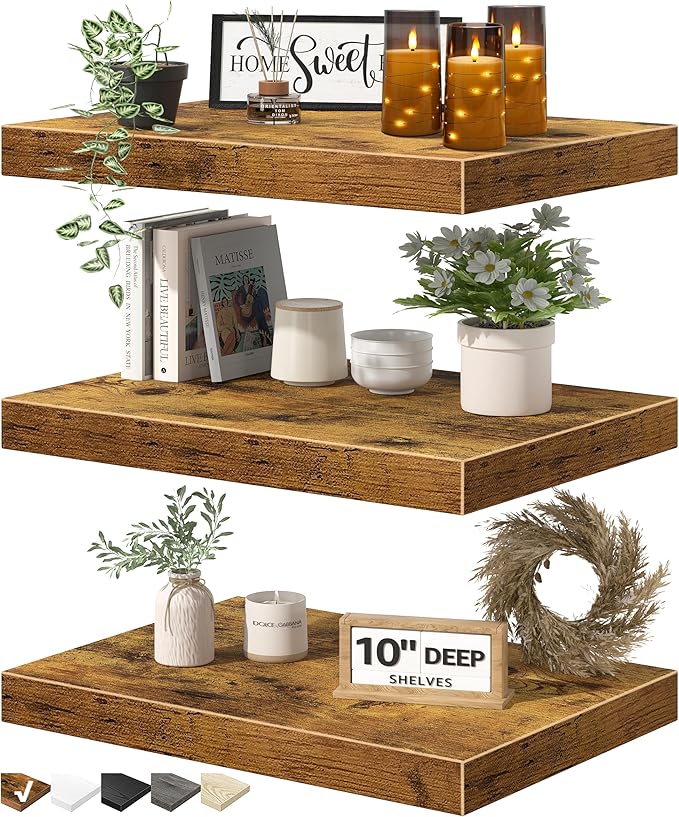 QEEIG 10" Deep Floating Shelves for Wall - 10 x 16 inch Book Shelf Bathroom Bedroom Kitchen Living Room Hanging Bookshelf Farmhouse Set of 3, Rustic Brown (025-40BN3)