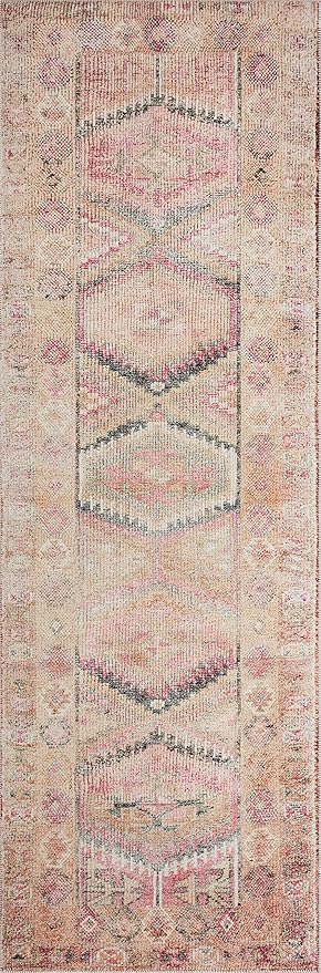 Loloi Layla Collection LAY-17 Pink/Lagoon 7'-6" x 9'-6" .13" Thick Area Rug, Soft, Durable, Vintage Inspired, Distressed, Low Pile, Non-Shedding, Easy Clean, Printed, Living Room Rug