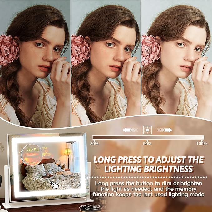 FENNIO Vanity Mirror with Lights, 12" x 16" Lighted Makeup Mirror with Smart Touch Control, 3 Color Modes & Brightness Adjustable, LED Makeup Mirror with 10X Magnification, 360° Rotation for Bedroom