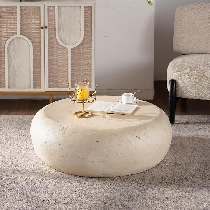 35.43" MgO Round Centre Coffee Table Vintage Faux Stone Sofa Pre-Modern Coffee Tables for Living Room Office Apartment,Beige