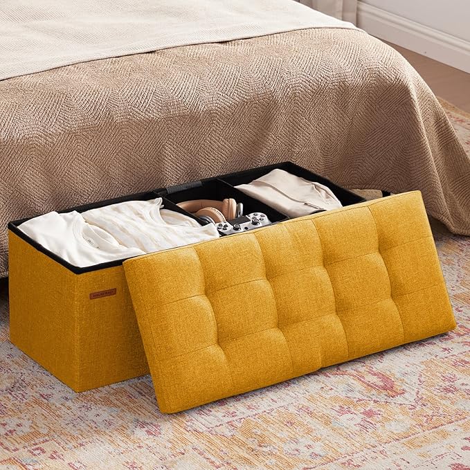 HAUSFRAU 31.5 Inches Ottoman with Storage Bench, Folding Ottoman Bench Small Foot Rest Stool, Bedroom Bench with Flipping Lid, Linen Gold
