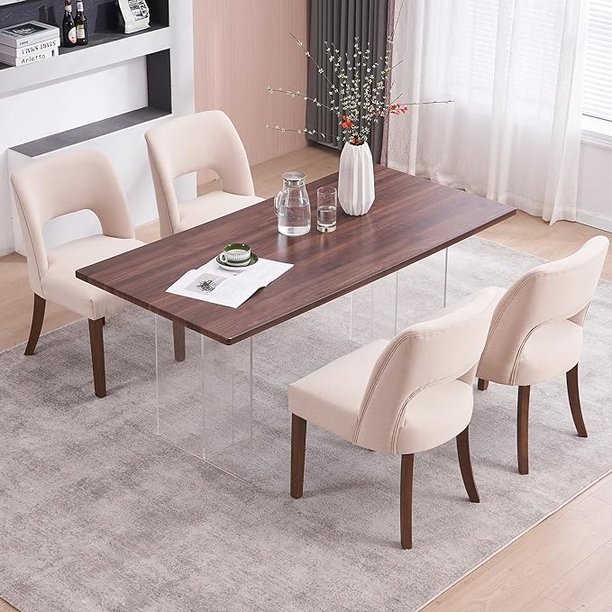 VKNOW Wooden Dining Chairs Set of 4, Modern Fabric Upholstered Dining Room Chair Kitchen Chairs, Farmhouse Dinner Chair for Kitchen Dining Room, Beige