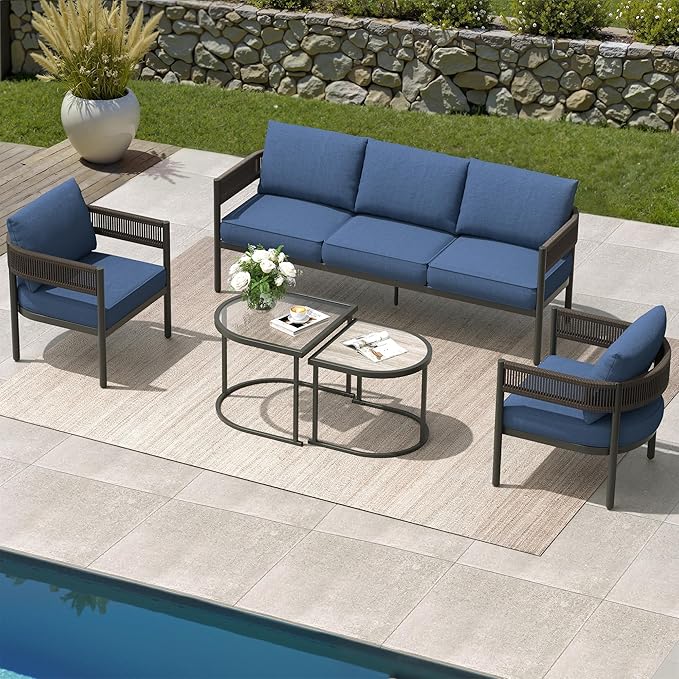 Grand patio 5-Piece Outdoor Furniture Set with 3-Seat Couch, Thick Cushions and Nesting Coffee Tables, Wicker Sofa Conversation Set for Backyard, Peacock Blue