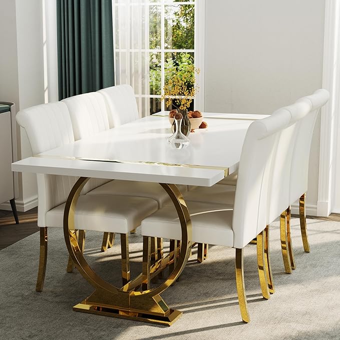 ACEDÉCOR 80in White and Gold Dining Table for 6-8, Modern Luxury Kitchen Room Table with Rectangular Lacquer Top and Gold Stainless Steel Circle Base