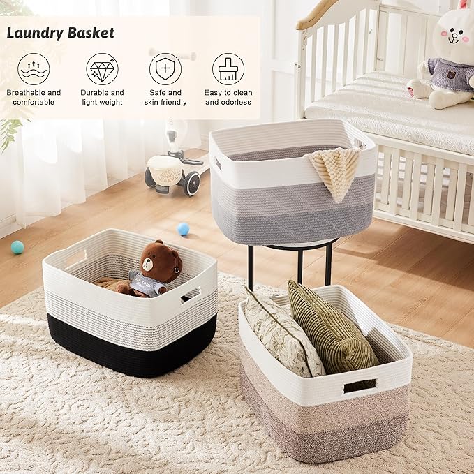 Blanket Basket,Rectangle Woven Baskets for Storage,65L Laundry Basket for Decorative Nursery Blanket,Toys,Dirty Clothes and Magazine in Shelves,Baby Room,and Living Room