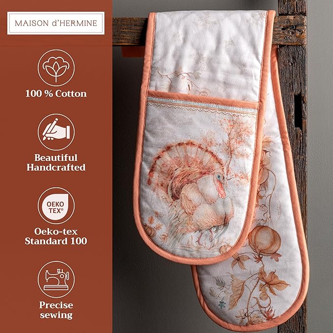 Maison d' Hermine Double Oven Mitt (7" x 35") 100% Cotton Heat Resistant BBQ Cooking Gloves with Loop for Thanksgiving Christmas Decorations Baking Cooking Barbeque Handling Hot Pan (Giving Thanks)