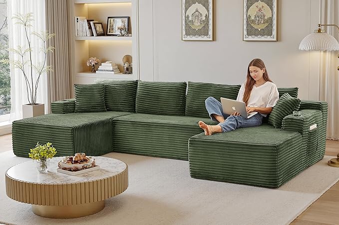 133" Couches for Living Room Deep-Seat Sectional Couch for Living Room Corduroy Boneless Couchs U-Shape Cloud Couch Flexible Modular Sectional Sofa with Chaise Lounge (Green, with Cup Holder)