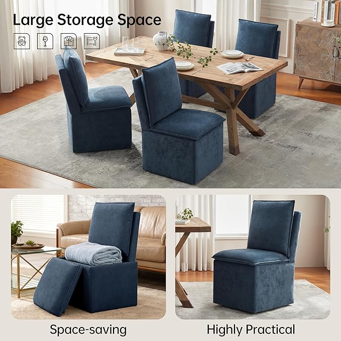 VKNOW Upholstered Dining Chairs Set of 4, Modern Rolling Chairs with Storage and Wheels, Linen Armless Chair with Cushion and Backrest, Dining Room Chairs for Living Room Kitchen Bedroom, Nav