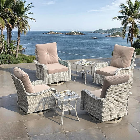 6 Piece Outdoor Wicker Patio Furniture Set,High Back Swivel Rocker Patio Chairs with 4" Thickened Cushions & Side Table, All-Weather PE Rattan for Garden, Backyard, Porch, Beige