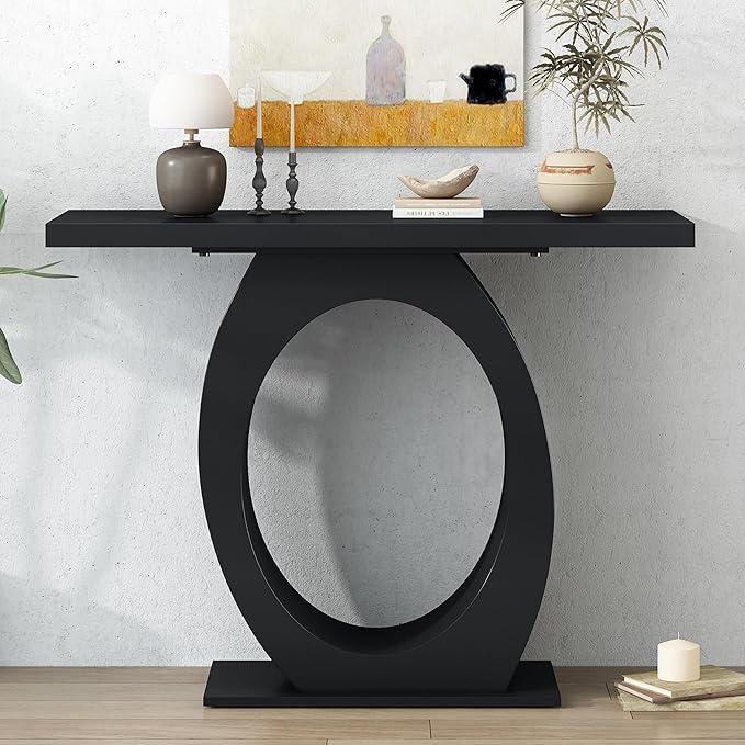 Modern Accent Table 39.4-Inch Wooden Entryway Console Table with Egg-Shaped Base for Living Room Bedroom Hallway Furniture, Black