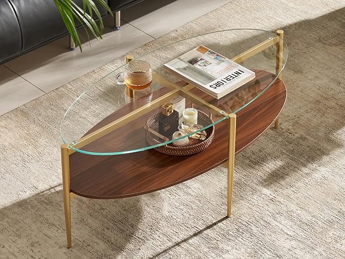 Shrine Oval Coffee Table, Mid-Century Modern Design, 2-Tier Structure, Clear Glass Top and Walnut MDF Shelf, 47" D x 21" W x 17" H, Sleek Conical Metal Legs with Gold Finish