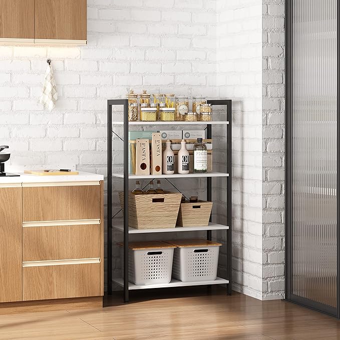 4-Tier Bookshelf, 47.2'' H Ladder Shelf, Industrial Bookcase, Wooden and Metal Storage Rack, Shelving Unit for Living Room Entryway Office, White Book Shelves, 24 * 11.8 * 47.2 inches