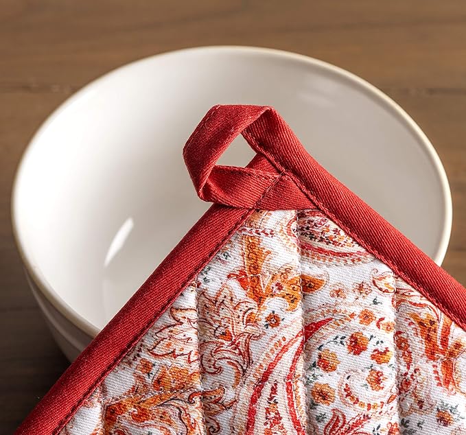 Maison d' Hermine 100% Cotton Oven Mitt & Pot Holder Set (7.5"x13" & 8"x8") Heat Resistant BBQ Cooking Gloves with Loop for Thanksgiving Christmas Decorations Handling Hot Pans (Orient)