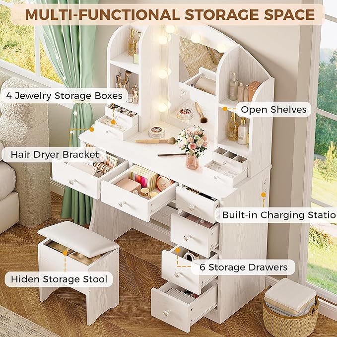 IRONCK Vanity Desk with Mirror and Lights, Makeup Vanity Table with 10 Drawers, Jewelry Organizer, Power Outlet, Storage Stool, and 3 Lighting Colors, White Vanity for Women Girls Bedroom