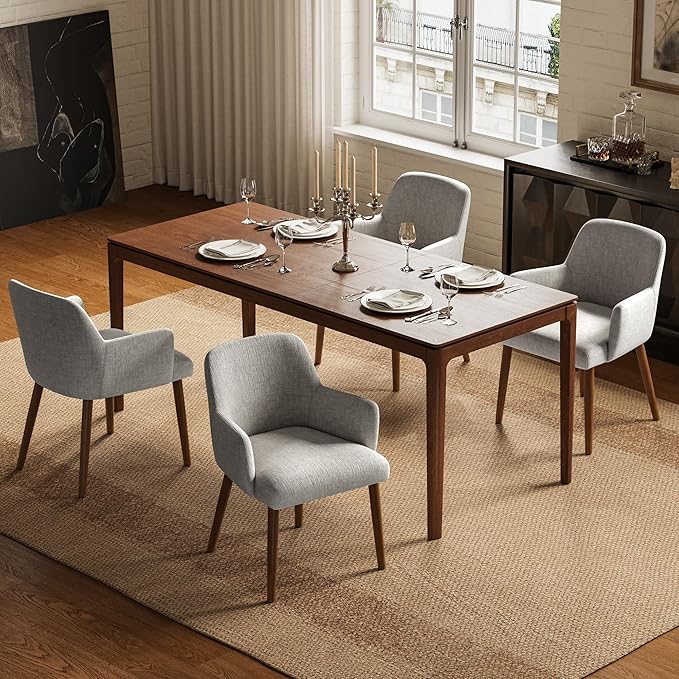 Upholstered Dining Chairs Set of 4, Modern Kitchen Chairs with Back and Curved Armrest, Fabric Side Dining Room Chairs with Wood Legs for Kitchen Dining Room Restaurant, Grey