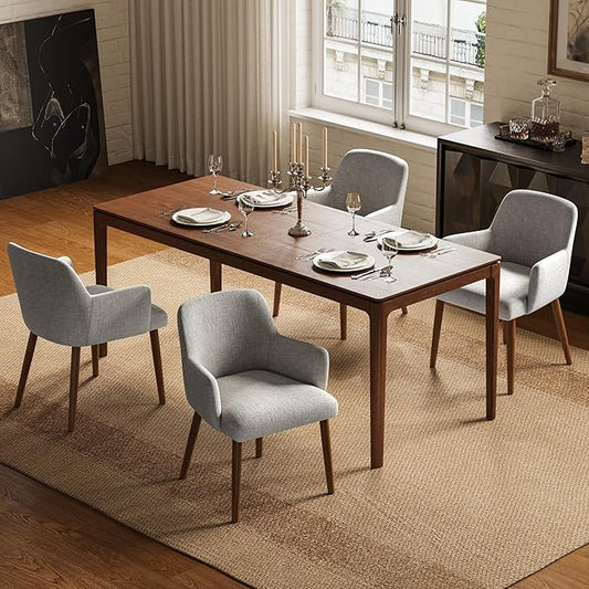 Upholstered Dining Chairs Set of 4, Modern Kitchen Chairs with Back and Curved Armrest, Fabric Side Dining Room Chairs with Wood Legs for Kitchen Dining Room Restaurant, Grey