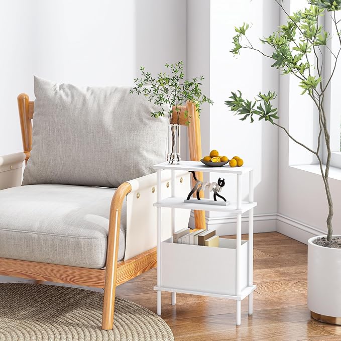 Narrow Side Table with Fabric Basket, Set of 2 End Table for Small Spaces, Slim Nightstand with 3-Tier Storage Shelf, Sofa Beside Table, for Living Room, Bed Room, Natrual White