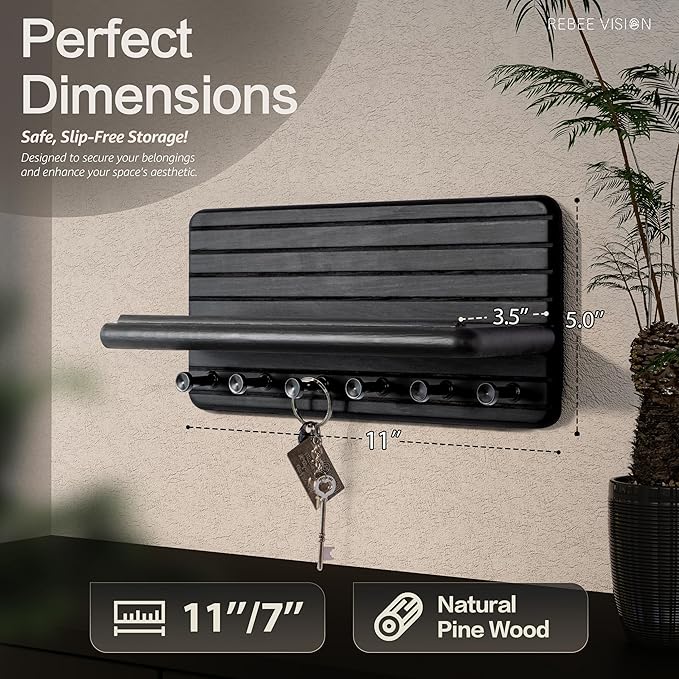 Rebee Vision Decorative Key Holder Wall Mount for Room Decor Aesthetic – Chic 11-Inch Wooden Key Holder for Wall with 6 Hooks & Floating Shelf - Elegant Home Organization Accent (Black)