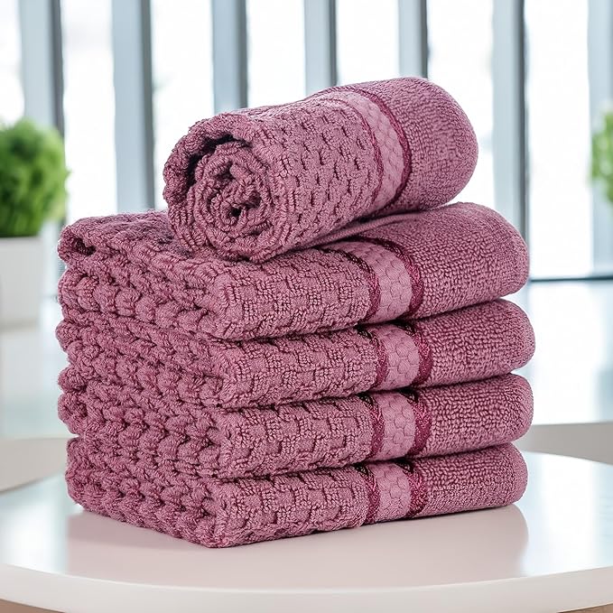 Ample Decor Grape Purple Wash Cloth Set of 5 100% Cotton - Quick Dry, Highly Absorbent, Popcorn Textured - Mulaayam Collection - 12 X 12 Inch