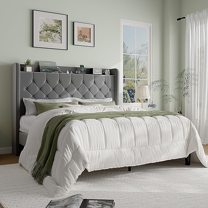 SHA CERLIN Full Size Platform Bed Frame with Charging Station, Velvet Wingback Headboard with Storage Shelf, Wooden Slats Support, Ample Under-Bed Space, No Box Spring Needed, Easy Assembly, Grey