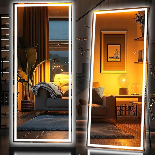 Hasipu Full Length Mirror with Lights, 75" x 28" LED Lighted Floor Standing, Full Body Dressing Hanging Mounted Mirror, Dimmable, Tempered Glass, Safe to Use, Square Black