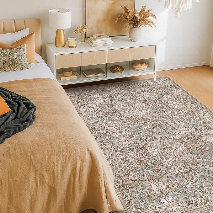 5x7 Washable Moss Green Oriental Area Rug for Living Room - Dining Room Rugs for Under Table, Home Office, Low Pile Non-Slip Floor Carpet for Bedroom - Vintage Brown Design & Stain Resistance