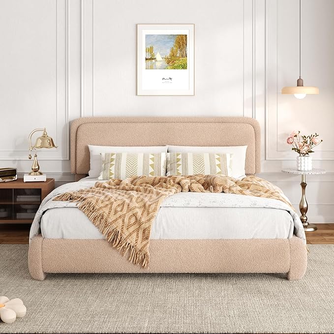 Queen Bed Frame with Headboard Adjustable, Boucle Upholstered Platform Bed Frame Queen Size, Anti-Collision Soft Rounded Corners, No Box Spring Needed, Noise-Free, Easy Assembly, Brown