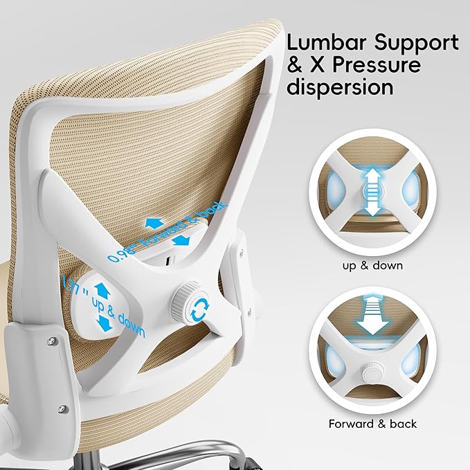 Office Home Ergonomic Desk Chair-Computer X-Shaped Chair Mesh PU Leather with Adjustable Lumbar Support-Executive Chair High Back Flip-Up Arms for Long Hours (Khaki-No Headrest)