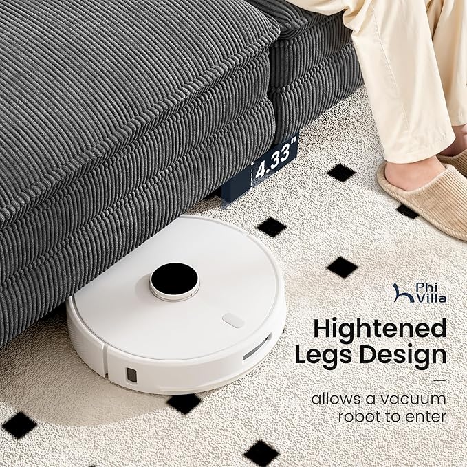 PHI VILLA Indoor Lounge Sofa Chair, One-Person Oversized Sectional Sofa with Ottoman, Single Chaise with Upholstered Deep Seat for Bedroom Reading, Corduroy Fabric, Grey