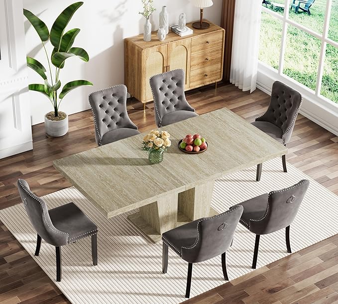 Goujxcy 7-Piece Extendable Dining Table Set for 6, 63-78 Inch Faux Travetine Kitchen Table Set with 6 Grey Upholstered Chairs Modern Wood Expandable Dining Room Table Set for Kitchen Apartment