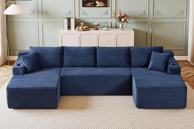 133" Couches for Living Room Deep-Seat Sectional Couch for Living Room Corduroy Boneless Couchs U-Shape Cloud Couch Flexible Modular Sectional Sofa with Chaise Lounge (Blue, with Cup Holder)