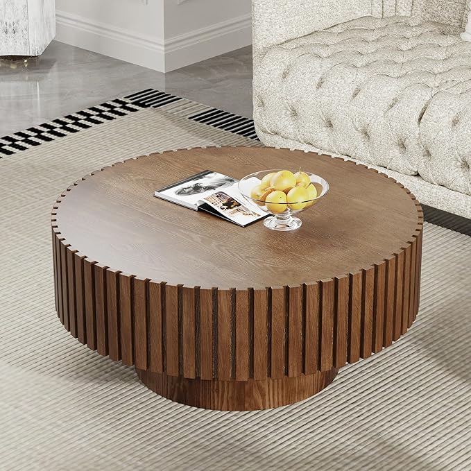 Fluted Coffee Tables 31.5" Round Wood Coffee Table Modern Handcraft Drum Coffee Table with Sturdy Pedestal Unique Coffee Tables for Living Room Home Office (Round Brown)