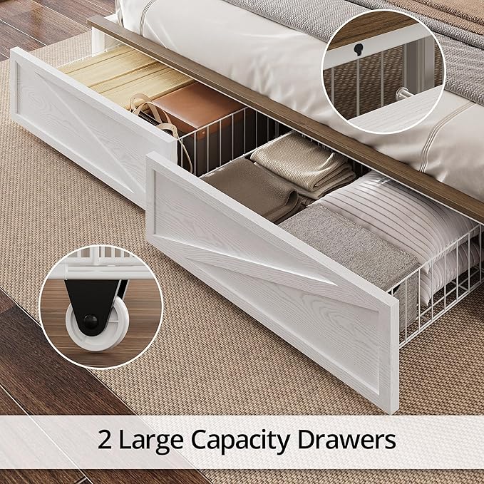 IRONCK Farmhouse King Size Bed Frame with LED Light and Charging Station, Wood Bed Frame with Storage Headboard and 2 Drawers， Barn Door Design, Sturdy and Noiseless, White