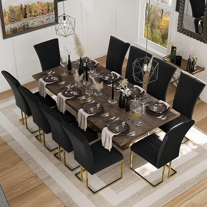 AUZ Dining Chairs Set of 10, Black Velvet Upholstered High Back Dining Chairs with Polished Gold Sled Legs