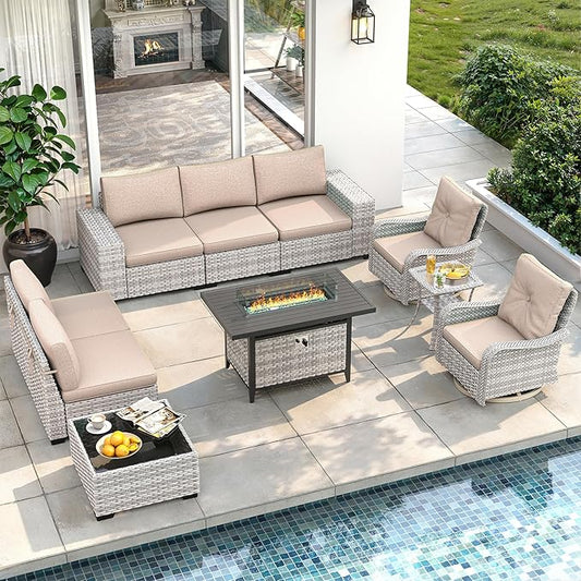 10 Piece Outdoor Wicker Rattan Sectional Sofa Set with Swivel Chairs & Fire Pit Table, 7-Seats with 4" Thickened Cushions & Coffee Table, All-Weather PE Rattan for Garden, Backyard, Porch, Beige