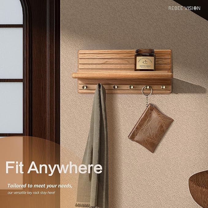 Rebee Vision Cedar Wood Key Holder Wall Mount – Farmhouse Wooden Key Holder for Wall with 6 Hooks & Floating Shelf - Farmhouse Home Decor Solution (Walnut)