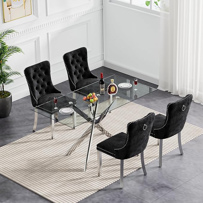 Goujxcy 5 Piece Glass Dining Table Set Modern Glass Dining Table Set for 4, 51" Rectangular Kitchen Table and 4 Velvet Upholstered Chairs for Kitchen Dining Room, Silver Table & Black Chair