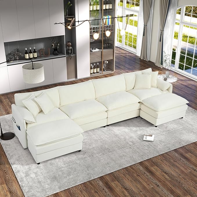 143.31" Oversized Extra Deep Seat Modern Chenille Cloud Couch, Large 4 Seater U Shaped Modular Sofa for Living Room,Bedroom,Apartment,Office(White, 143.31 Inch-U Shape)