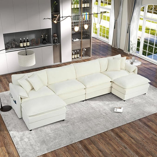 143.31" Oversized Extra Deep Seat Modern Chenille Cloud Couch, Large 4 Seater U Shaped Modular Sofa for Living Room,Bedroom,Apartment,Office(White, 143.31 Inch-U Shape)