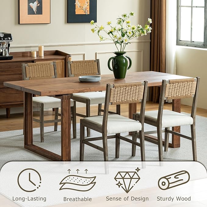 Chogori Wooden Dining Chairs, Modern Farmhouse Kitchen & Dining Room Accent Side Chairs with Woven Rope Back and Fabric Upholstered for Home, Living Room (Gray, Set of 2)