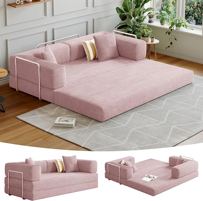 98.4''Convertible Sleeper Sofa Bed,Compressed Floor Boneless Couch,Modular Modern Corduroy Sofa for Living Room Bedroom -with Fixed-Shape Frame and Support Armrest,Easy Assembly(Pink)