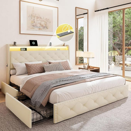 BRELTAM Queen Size Bed Frame with 4 Storage Drawers Platform Bed with Headboard,Upholstered Velve Tufed Bed Frame&LED Light and Charging Station,Heavy Duty Wood Slats,Noise Free,Easy Assembly,Beige