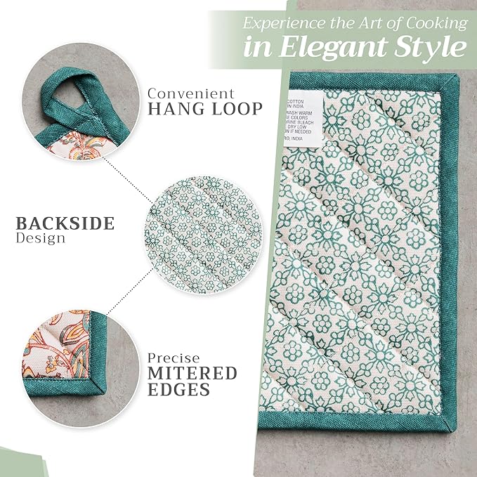 Maison d' Hermine Pot Holders 100% Cotton Heat Resistant Potholders 8" x 8" Hot Pads with Loop for Thanksgiving Christmas Decorations BBQ Cooking Baking Handling Hot Pans (Pack of 1, Nila)